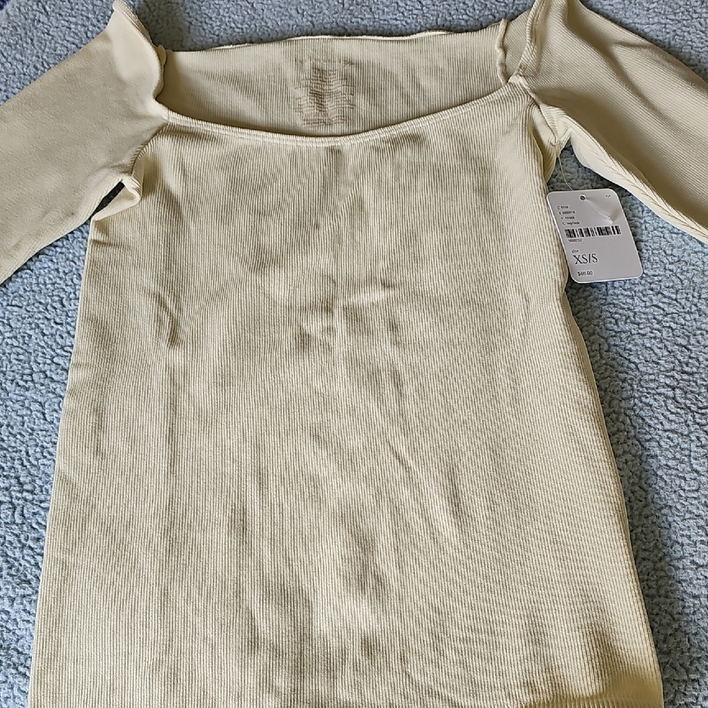 Free People Cream Ribbed Off-Shoulder Top